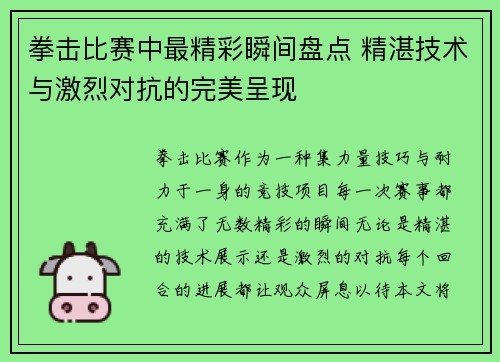 拳击比赛中最精彩瞬间盘点 精湛技术与激烈对抗的完美呈现