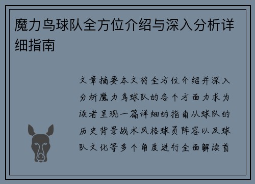 魔力鸟球队全方位介绍与深入分析详细指南